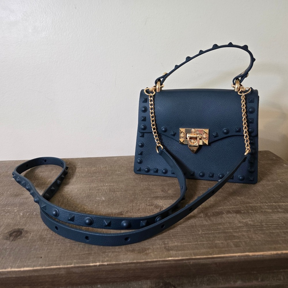 Navy Blue Studded Rubber Crossbody Bag Gold Hardware Matte Textured Satchel